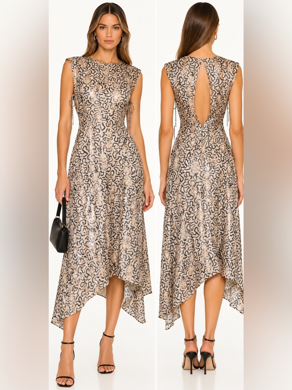 H&M Conscious Patterned Silk Blend Shimmer Midi Dress Open Back Size 0 Fits XS S